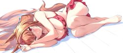 Rule 34 | 1girl, animal ears, barefoot, bikini, bikini skirt, blurry, blurry background, blush, breasts, brown hair, closed mouth, crossed legs, daiwa scarlet (trifle vacation) (umamusume), daiwa scarlet (umamusume), depth of field, eyelashes, feet, frilled bikini, frills, full body, hair between eyes, hair intakes, hands up, highres, horse ears, horse girl, horse tail, large breasts, legs, legs together, long hair, looking at viewer, lying, nonco, on side, red bikini, red eyes, shadow, shiny skin, smile, solo, swimsuit, tail, thighs, toenails, toes, umamusume