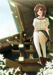 Rule 34 | 1girl, :d, absurdres, amatsume akira, antenna hair, blush, brown eyes, brown hair, highres, kantoku, leaf, loafers, looking away, open mouth, plaid, plaid skirt, pleated skirt, rooftop, scan, school uniform, shoes, short hair, sitting, skirt, smile, solo, thighhighs, white thighhighs, yellow eyes, yosuga no sora
