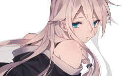 Rule 34 | 1girl, absurdres, bakaouzi999, bare shoulders, black shirt, blue eyes, blush, braid, close-up, unworn clothes, expressionless, floating hair, hair between eyes, half-closed eyes, highres, ia (vocaloid), jitome, long hair, looking back, parted lips, shaded face, shiny skin, shirt, unworn shirt, simple background, solo, spaghetti strap, straight hair, upper body, vocaloid, white background, white hair