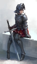 Rule 34 | 1girl, absurdres, arm support, armor, armored boots, blue eyes, boots, full body, gauntlets, helmet, high heel boots, high heels, highres, holding, holding sword, holding weapon, miniskirt, original, pauldrons, pleated skirt, red skirt, shoulder armor, signature, sitting, skirt, solo, sword, weapon, yeonjun park