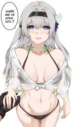 Rule 34 | 1girl, 1other, :d, absurdres, bare shoulders, bikini, black bikini, black gloves, black hairband, breasts, cleavage, commentary request, cowboy shot, firefly (honkai: star rail), gloves, grey hair, hairband, highres, honkai: star rail, honkai (series), kagurachi, long hair, long sleeves, looking at viewer, medium breasts, navel, off shoulder, open mouth, purple eyes, shirt, simple background, smile, solo focus, speech bubble, standing, stomach, swimsuit, thighs, tied shirt, trailblazer (honkai: star rail), two side up, white background, white shirt