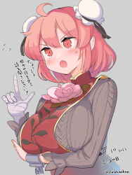 Rule 34 | 1girl, ahoge, bandaged arm, bandages, blush, breasts, brown sweater, bun cover, chain, commentary request, cuffs, dated, flower, grey background, hair between eyes, highres, ibaraki kasen, index finger raised, large breasts, long sleeves, open mouth, pink eyes, pink flower, pink hair, pink rose, puuakachan, rose, short hair, simple background, solo, sweater, tabard, touhou, translation request, twitter username, upper body