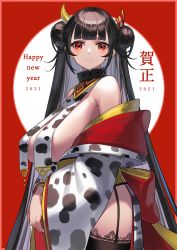 Rule 34 | 1girl, 2021, absurdres, animal print, azur lane, black hair, black thighhighs, border, breasts, character request, chinese zodiac, collar, colored inner hair, commentary request, cow horns, cow print, double bun, from side, garter straps, hair bun, happy new year, highres, horns, lace, lace-trimmed legwear, lace trim, large breasts, long hair, looking at viewer, multicolored hair, new year, pink border, print sleeves, red background, red eyes, smile, solo, thighhighs, two-tone hair, very long hair, wide sleeves, yamanokami eaka, year of the ox