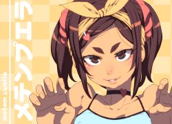Rule 34 | 1girl, bad id, bad twitter id, bare shoulders, black choker, bow, brown eyes, brown hair, camisole, choker, claw pose, hair bow, hair ornament, hair scrunchie, hairband, heart, heart choker, highres, looking at viewer, metem puella, scrunchie, smile, solo, tasaka shinnosuke, twintails, upper body, yellow bow