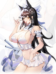 Rule 34 | 1girl, arm scrunchie, atago (azur lane), atago (summer march) (azur lane), atago (summer march) (azur lane), azur lane, bare shoulders, bikini, black hair, bow, breasts, covered erect nipples, hair behind ear, hair ornament, highres, kuroha (rockluo213), large breasts, long hair, looking at viewer, midriff, navel, revision, see-through, see-through skirt, skirt, solo, swimsuit, tongue, tongue out, turret, white bikini, white bow, yellow eyes