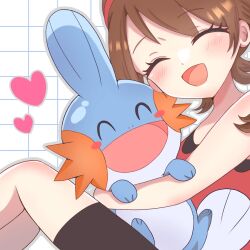 Rule 34 | 1girl, 3656 chan, black shorts, blush, brown hair, closed eyes, commentary request, creatures (company), eyelashes, game freak, gen 3 pokemon, grid background, heart, highres, hug, may (pokemon), mudkip, nintendo, open mouth, pokemon, pokemon (creature), pokemon oras, red shirt, shirt, shorts, sleeveless, sleeveless shirt