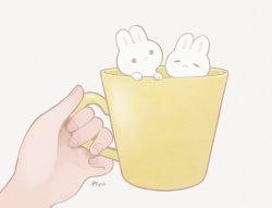 Rule 34 | 1girl, :3, animal focus, ayu (mog), rabbit, cup, fingernails, grey background, halftone, halftone background, holding, holding cup, looking at viewer, mug, original, out of frame, solo