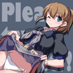 Rule 34 | 1girl, 547th sy, text background, black shirt, blue eyes, breasts, brown hair, clothes lift, commentary request, cowboy shot, grey background, grey neckwear, grey skirt, highres, intrepid (kancolle), kantai collection, large breasts, lifting own clothes, looking at viewer, multicolored neckwear, one eye closed, panties, ponytail, shirt, short hair, skirt, skirt lift, solo, underwear, white panties