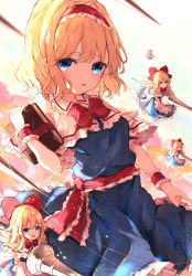 Rule 34 | 1girl, absurdres, alice margatroid, bad id, bad pixiv id, blonde hair, blue dress, blue eyes, blush, book, capelet, dress, hair between eyes, hairband, highres, holding, holding book, lance, lolita hairband, looking at viewer, parted lips, polearm, puppet strings, red hairband, shanghai doll, shangurira, short hair, solo, touhou, weapon, white capelet, wrist cuffs