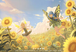 Rule 34 | 2girls, :d, antennae, artist name, barefoot, black dress, black shirt, blue hair, bug, butterfly, butterfly wings, closed mouth, cloud, day, dress, eternity larva, fairy wings, field, floating hair, flower, flower field, green eyes, green skirt, highres, insect, insect wings, long hair, multiple girls, open mouth, outdoors, outstretched arms, pixiv username, shirt, short hair, short sleeves, skirt, sky, sleeveless, sleeveless dress, smile, sunflower, sunflower field, teeth, touhou, twitter username, upper teeth only, uroam, white hair, wings, yellow flower