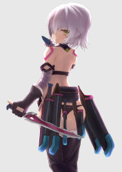 Rule 34 | 1girl, absurdres, arm belt, ass, back, bandaged arm, bandages, bare shoulders, black footwear, black panties, boots, butt crack, closed mouth, dagger, dual wielding, facial scar, fate/apocrypha, fate (series), gloves, green eyes, hair between eyes, highres, holding, holding dagger, holding knife, holding weapon, jack the ripper (fate/apocrypha), knife, koisuke, light purple hair, looking at viewer, looking back, panties, scar, scar across eye, scar on cheek, scar on face, sheath, short hair, shoulder tattoo, simple background, single glove, smile, solo, tattoo, thigh boots, thighhighs, thighs, underwear, weapon