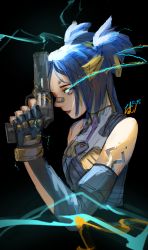 Rule 34 | 1girl, bandaid, bandaid on face, bandaid on nose, black background, blue eyes, blue hair, breasts, electricity, glowing, glowing eye, gun, half-closed eyes, handgun, highres, holding, holding gun, holding weapon, looking ahead, neon (valorant), revolver, short hair, simple background, sketch, small breasts, solo, two side up, upper body, valorant, weapon, zalosss