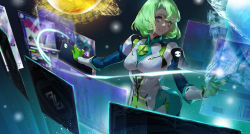 Rule 34 | 1girl, blue eyes, bodysuit, breasts, gloves, green gloves, green hair, highres, holographic interface, melonplus, mina (zenonzard), parted lips, short hair, small breasts, solo, standing, zenonzard