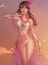 Rule 34 | 1girl, absurdres, arm at side, arm up, artist name, bad id, bad tumblr id, bangle, bikini, bird, bracelet, breasts, brown eyes, brown hair, cloud, collarbone, cowboy shot, d.va (overwatch), facial mark, floral print, flower, flower necklace, frilled bikini, frills, front-tie bikini top, front-tie top, green nails, hair flip, hair ornament, hair ribbon, hairclip, hand on own cheek, hand on own face, highres, image sample, jewelry, lei, lips, looking at viewer, making-of available, matilda fiship, nail polish, navel, necklace, orange sky, outdoors, overwatch, overwatch 1, pink lips, ribbon, sarong, see-through, side-tie bikini bottom, signature, sky, small breasts, solo, swimsuit, twilight, whisker markings, white bikini