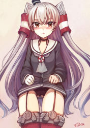 Rule 34 | 1girl, amatsukaze (kancolle), black panties, blush, brown dress, brown eyes, clothes lift, dress, dress lift, garter straps, gloves, hair tubes, hat, kantai collection, lifting own clothes, long hair, mini hat, panties, red thighhighs, sailor dress, short dress, silica (silica silylate), silver hair, single glove, solo, thighhighs, two side up, underwear, very long hair, white gloves