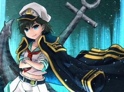Rule 34 | 1girl, anchor, anchor symbol, belt, black belt, black coat, black hair, blue background, blue eyes, breasts, coat, coat on shoulders, commentary request, cowboy shot, crossed arms, gloves, grin, hat, highres, looking at viewer, midriff, murasa minamitsu, neckerchief, red neckerchief, sailor, sailor collar, sailor hat, sailor shirt, shirt, short hair, shorts, small breasts, smile, solo, sunken fossil world, touhou, white gloves, white hat, white shirt, white shorts, yan pai