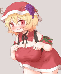 Rule 34 | 1girl, aki minoriko, arinu, blonde hair, blush, breasts, cleavage, cowboy shot, fruit hat ornament, grape hat ornament, grey background, hair between eyes, hat, hat ornament, highres, large breasts, open mouth, red eyes, red hat, santa costume, short hair, short sleeves, simple background, solo, touhou