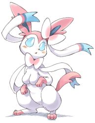 Rule 34 | 1girl, animal ears, animal hands, blue sclera, blush, breasts, colored sclera, creatures (company), female focus, full body, furry, furry female, game freak, gen 6 pokemon, highres, looking up, medium breasts, nintendo, no nipples, open mouth, oyatsu (mk2), pokemon, pokemon (creature), pokemon xy, simple background, solo, spread legs, squatting, sylveon, tail, white background, white eyes