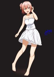 Rule 34 | 1girl, :d, bare arms, bare shoulders, barefoot, black background, blue ribbon, breasts, brown eyes, brown hair, cleavage, collarbone, dated, dress, frilled dress, frills, hair between eyes, hair bun, hand up, looking at viewer, open mouth, ribbon, sakayaya, side bun, signature, single hair bun, single side bun, sleeveless, sleeveless dress, small breasts, smile, solo, standing, standing on one leg, white dress, yahari ore no seishun lovecome wa machigatteiru., yuigahama yui