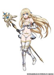 Rule 34 | 1girl, armor, barefoot, bikini, bikini armor, blonde hair, blue eyes, blush, breasts, cleavage, collarbone, flat chest, floating hair, full body, goblin slayer!, hair between eyes, head tilt, highres, long hair, looking at viewer, official art, open mouth, priestess (goblin slayer!), shiny skin, simple background, solo, standing, swimsuit, very long hair, weapon, white background, white bikini