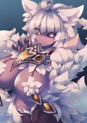 Rule 34 | 1girl, :o, ahoge, animal ears, animal hands, black sclera, blunt bangs, blush, breasts, bunyip (monster girl encyclopedia), chromatic aberration, claws, colored sclera, commentary request, dark-skinned female, dark skin, diagonal bangs, eyes visible through hair, fur, highres, lamia, large breasts, monster girl, monster girl encyclopedia, open mouth, silver hair, simple background, solo, totoya z, white fur