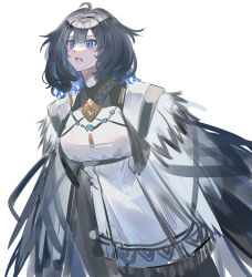 Rule 34 | 1girl, absurdres, ahoge, arknights, black hair, blue eyes, blue hair, breasts, dress, dutch angle, echj, fur trim, highres, jewelry, kjera (arknights), lipstick, looking away, looking up, makeup, medium breasts, multicolored hair, necklace, parted lips, simple background, sketch, solo, two-tone hair, white background, white dress