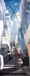 Rule 34 | 10s, 3girls, amatsukaze (kancolle), bag, cloud, elbow gloves, food, gloves, highres, holding, kantai collection, long hair, mouth hold, multiple girls, popsicle, sakuhiko, shimakaze (kancolle), silver hair, sky, stairs, thighhighs