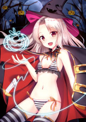 Rule 34 | 1girl, :d, bikini, black thighhighs, cloak, commentary request, fate/kaleid liner prisma illya, fate (series), halloween, hat, illyasviel von einzbern, jack-o&#039;-lantern, long hair, looking at viewer, navel, open mouth, parted bangs, red eyes, revision, silver hair, smile, solo, striped bikini, striped clothes, striped thighhighs, swimsuit, thighhighs, very long hair, white bikini, white thighhighs, witch hat, yan (nicknikg)