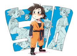 Rule 34 | 1boy, :o, back turned, black eyes, black hair, chinese clothes, clenched hand, closed eyes, crying, dougi, dragon ball, dragonball z, fukuko fuku, happy, long sleeves, looking at viewer, looking away, looking back, male focus, open mouth, short hair, simple background, smile, son goten, spiked hair, super saiyan, super saiyan 1, tears, white background