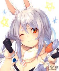 Rule 34 | 1girl, ;), animal ear fluff, animal ears, bare shoulders, black gloves, black leotard, blue hair, blush, bow, braid, breasts, carrot hair ornament, chita (ketchup), cleavage, closed mouth, commentary request, don-chan (usada pekora), dress, food-themed hair ornament, fur-trimmed gloves, fur trim, gloves, hair between eyes, hair bow, hair ornament, hands up, highres, hololive, leotard, long hair, medium breasts, multicolored hair, one eye closed, rabbit ears, red eyes, short eyebrows, sidelocks, signature, simple background, smile, strapless, strapless dress, strapless leotard, thick eyebrows, twin braids, twintails, two-tone hair, upper body, usada pekora, usada pekora (1st costume), virtual youtuber, white background, white bow, white dress, white hair