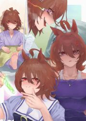 Rule 34 | 1girl, absurdres, agnes tachyon (umamusume), ahoge, animal ears, bandaged leg, bandages, bare shoulders, barefoot, blush, breasts, brown hair, commentary request, crossed arms, earrings, ears down, highres, horse ears, horse girl, horse tail, jewelry, looking at viewer, medium breasts, multiple views, purple sweater, red eyes, school uniform, single earring, smile, soles, sweater, tail, teeth, tonariuta, tongue, tongue out, tracen school uniform, umamusume, under covers, upper body, upper teeth only