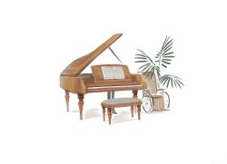 Rule 34 | absurdres, chinese commentary, commentary request, grand piano, highres, instrument, no humans, object focus, original, palm leaf, piano, plant, potted plant, shadow, sheet music, simple background, stool, wheelchair, white background, yuine yuyin