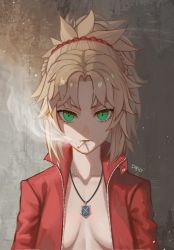 Rule 34 | 1girl, absurdres, artist name, blonde hair, braid, breasts, cigarette, collarbone, commentary request, drid, fate/apocrypha, fate (series), green eyes, hair ornament, hair scrunchie, highres, jacket, jewelry, long hair, long sleeves, looking at viewer, mordred (fate), mordred (fate/apocrypha), mouth hold, necklace, no bra, open clothes, open jacket, ponytail, red jacket, red scrunchie, scrunchie, shaded face, small breasts, smile, smoking, solo, upper body