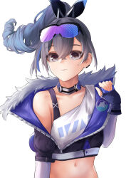 Rule 34 | 1girl, black jacket, black ribbon, bra strap, choker, commentary request, crop top, cropped jacket, drill hair, grey eyes, grey hair, hair ribbon, hand up, highres, honkai: star rail, honkai (series), jacket, long hair, looking at viewer, midriff, navel, ponytail, ribbon, shirt, silver wolf (honkai: star rail), simple background, single-shoulder shirt, single bare shoulder, smile, solo, stomach, turboflower, upper body, white background, white shirt