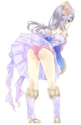 Rule 34 | 1girl, ass, atelier (series), atelier totori, ayama miyama, bare shoulders, blush, boots, breasts, detached sleeves, dress, from behind, green eyes, grey hair, headdress, highres, leaning, leaning forward, leotard, long hair, looking at viewer, open mouth, shiny skin, sideboob, skirt, small breasts, smile, solo, totooria helmold