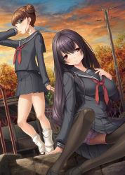 2girls :o arm_up black_hair black_legwear blush breasts brown_hair copyright_request double_bun green_eyes kirin_kakeru loose_socks multiple_girls panties pantyshot red_eyes school_uniform serafuku sitting skirt socks stairs standing thighhighs underwear white_panties