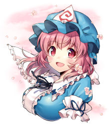 Rule 34 | 1girl, :d, absurdres, arm garter, black bow, black ribbon, blue bow, blue hat, blue kimono, blush, bow, breasts, center frills, cherry blossoms, commentary, cropped torso, frilled kimono, frilled shirt collar, frills, gradient background, hat, highres, japanese clothes, kapuchii, kimono, looking at viewer, mob cap, neck ribbon, open mouth, petals, pink hair, red eyes, ribbon, saigyouji yuyuko, short hair, smile, solo, touhou, triangular headpiece, upper body, veil, wavy hair, white background