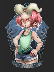 Rule 34 | 1girl, aged down, anael (bankage), bad deviantart id, bad id, bankage, collarbone, cropped legs, cutoffs, demon girl, demon horns, denim, denim shorts, eyebrows, flat chest, hands on own hips, horns, lips, original, pink hair, pointy ears, red eyes, short hair, shorts, simple background, solo, tank top, tattoo