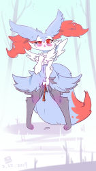 Rule 34 | 1girl, alternate color, animal ear fluff, animal ears, animal hands, artist name, between legs, blue background, blush, braixen, clenched hand, creatures (company), dated, female focus, female masturbation, fox ears, fox tail, full body, furry, furry female, game freak, gen 6 pokemon, grass, half-closed eye, hand between legs, hand up, heart, heart-shaped pupils, highres, lin mzhh, looking down, masturbation, navel, nintendo, object insertion, open mouth, outdoors, pigeon-toed, pokemon, pokemon (creature), pussy juice, red eyes, saliva, shiny pokemon, signature, snow, solo, standing, stick, symbol-shaped pupils, tail, tears, tree, uneven eyes, vaginal, vaginal object insertion