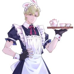 Rule 34 | 1boy, ace attorney, alternate costume, animal ears, apron, babazy6070, black gloves, blonde hair, blue dress, closed mouth, crossdressing, cup, dress, enmaided, fake animal ears, fingerless gloves, gloves, hand on own hip, herlock sholmes, holding, holding tray, looking at viewer, maid, maid apron, maid headdress, male focus, male maid, pink ribbon, puffy short sleeves, puffy sleeves, rabbit ears, ribbon, short hair, short sleeves, simple background, smile, solo, teacup, the great ace attorney, tray, white apron, white background