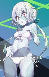Rule 34 | 10s, 1girl, bikini, blush, breasts, colored skin, commentary request, cowboy shot, from below, front-tie bikini top, front-tie top, gluteal fold, grey skin, hand on own chest, highres, konno junko, konnyaku (kk-monmon), long hair, low twintails, multicolored skin, open mouth, red eyes, side-tie bikini bottom, silver hair, small breasts, solo, stitched arm, stitched face, stitched leg, stitched torso, stitches, sweatdrop, swimsuit, twintails, white bikini, zombie, zombie land saga