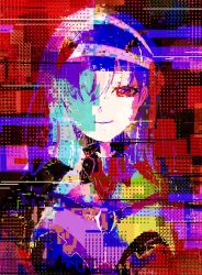 Rule 34 | 1girl, abstract, absurdres, blue hair, breasts, closed mouth, colorful, female focus, glitch, goddess of victory: nikke, hair over one eye, half-closed eyes, happy, highres, long hair, looking at viewer, medium breasts, modernia (nikke), one eye covered, otonoha aika, pale skin, red background, red eyes, sidelocks, smile, solo, straight-on, upper body