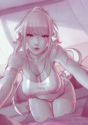 Rule 34 | 1girl, au ra, blue eyes, bra, breasts, dragon horns, dragon tail, final fantasy, final fantasy xiv, hanging breasts, horns, indoors, jewelry, large areolae, leaning forward, lips, long hair, looking at viewer, medium breasts, necklace, nipples, pale skin, panties, ponytail, reaching, reaching towards viewer, scales, see-through, silver hair, solo, soranamae, strap slip, tail, underwear, underwear only, warrior of light (ff14)