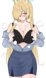 Rule 34 | 1girl, animal ear fluff, animal ears, black bra, black pantyhose, blonde hair, blue archive, blue eyes, blue halo, blue shirt, blue skirt, blush, bra, breasts, cleavage, collarbone, cowboy shot, hair over one eye, halo, highres, kanna (blue archive), large breasts, long hair, long sleeves, open mouth, pantyhose, shirt, simple background, skirt, solo, tsumayouji (tumayog), underwear, white background