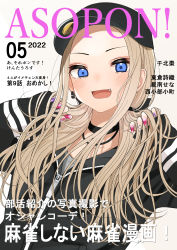 Rule 34 | 1girl, :d, a sore pon desu!, absurdres, baseball cap, black choker, black hat, black jacket, blush, brown background, chibita natsume, choker, collarbone, commentary request, earrings, fang, forehead, grey shirt, hands up, hat, highres, jacket, jewelry, kentaurosu, light brown hair, long hair, long sleeves, looking at viewer, low twintails, nail art, open mouth, parted bangs, shirt, sleeves past wrists, smile, solo, translation request, twintails, two-tone background, upper body, white background