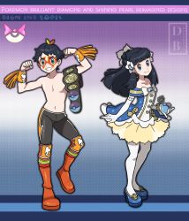 Rule 34 | 1boy, 1girl, alternate costume, black hair, blue footwear, boots, championship belt, clenched hands, closed mouth, commentary, copyright name, creatures (company), dawn (pokemon), dreambig, dress, english commentary, eyelashes, facepaint, flexing, game freak, grey eyes, grin, hair ornament, hands up, high heels, highres, leg up, leggings, long hair, lucas (pokemon), nintendo, orange footwear, outline, pantyhose, pokemon, pokemon dppt, short hair, sidelocks, smile, standing, teeth, topless male, watermark, white pantyhose, wristband
