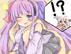 Rule 34 | !?, 1girl, :d, altorealize, bat wings, blood, chibi, chibi inset, cosplay, excessive nosebleed, female focus, hatsune miku, hatsune miku (cosplay), head wings, koakuma, nosebleed, o o, one eye closed, open mouth, patchouli knowledge, purple eyes, purple hair, red hair, smile, solo, star (symbol), embodiment of scarlet devil, touhou, vocaloid, wings
