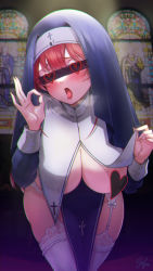 Rule 34 | 1girl, blush, breast curtain lift, breast curtains, breasts, censored, censored nipples, cowboy shot, fellatio gesture, garter belt, habit, heart, heart censor, highres, hololive, houshou marine, houshou marine (nun), ichijo kazuya, identity censor, indoors, large breasts, leaning forward, long hair, long sleeves, nun, open mouth, pelvic curtain, red eyes, red hair, solo, stained glass, standing, thighhighs, tongue, tongue out, veil, very long hair, virtual youtuber, white thighhighs