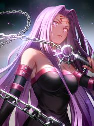 Rule 34 | 1girl, 6688km, arm at side, bare shoulders, black dress, breasts, chain, choker, closed mouth, detached sleeves, dress, facial mark, fate/stay night, fate (series), forehead mark, from below, frown, glint, glowing, glowing eyes, holding, holding weapon, large breasts, light particles, lips, long hair, looking at viewer, medusa (fate), medusa (rider) (fate), nameless dagger (fate), purple eyes, purple hair, solo, square pupils, strapless, strapless dress, tube dress, upper body, weapon