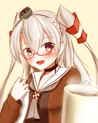 Rule 34 | 10s, 1girl, :d, amatsukaze (kancolle), bespectacled, coffee, coffee cup, coffee mug, cup, disposable cup, dress, glasses, hair tubes, headgear, kantai collection, looking at viewer, mug, open mouth, sailor dress, sekino takehiro, silver hair, sketch, smile, solo, steam, two side up